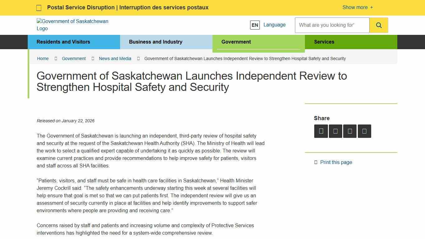 Government of Saskatchewan Launches Independent Review to Strengthen Hospital Safety and Security News and Media Government of Saskatchewan