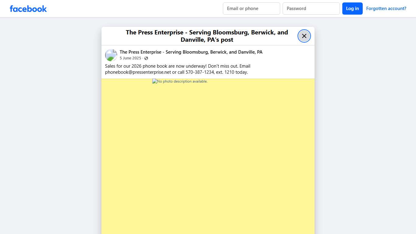 Sales for our 2026 phone book are now underway! Don't miss out. Email phonebook@pressenterprise.net or call 570-387-1234,... - The Press Enterprise - Serving Bloomsburg, Berwick, and Danville, PA Facebook